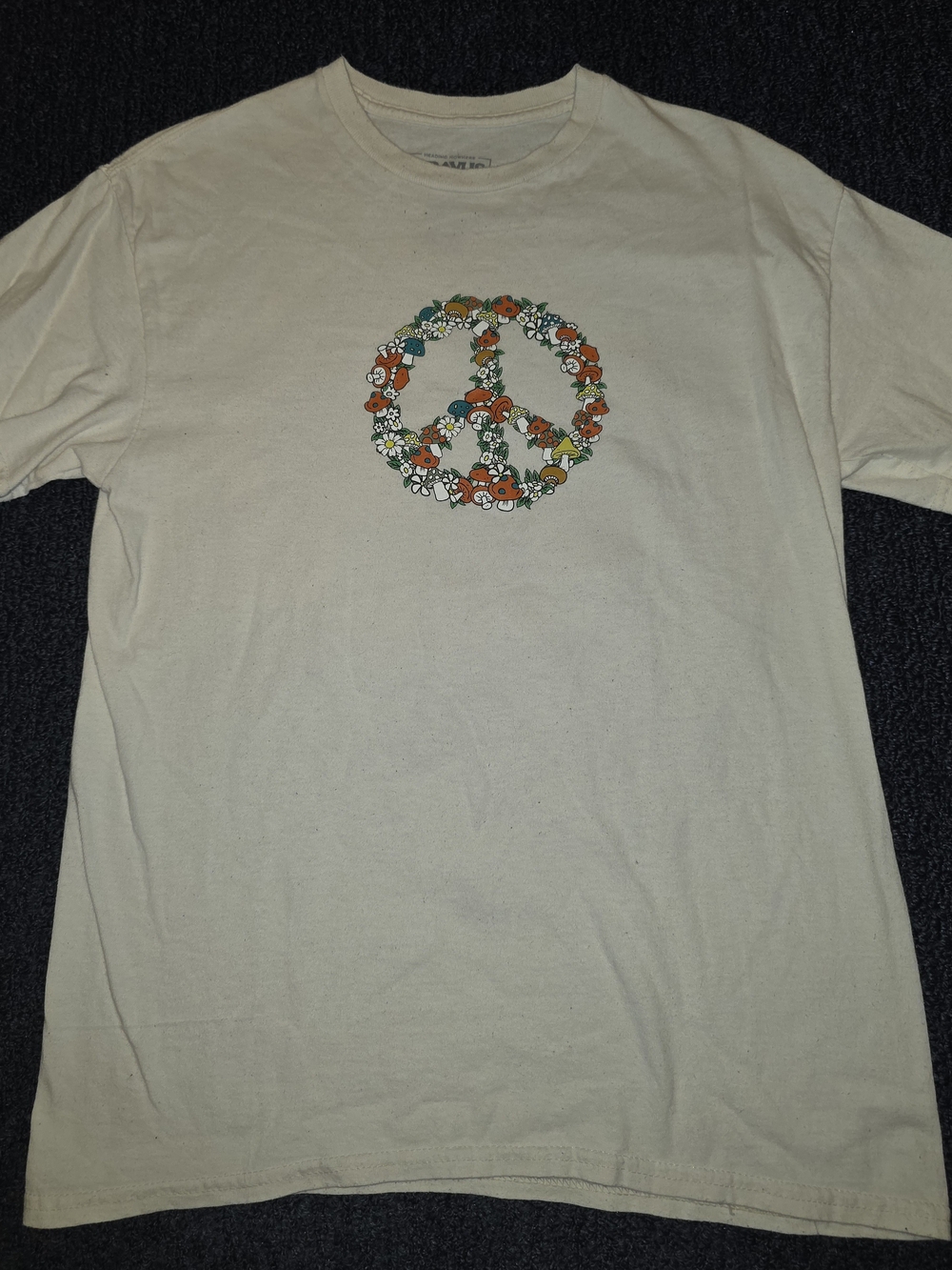 Dravus Mushroom Peace Sign Mens Medium T-Shirt White Short Sleeve Tan Trippy